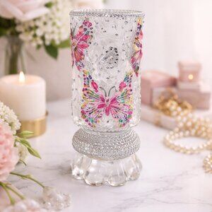 Handcrafted Glass Butterfly Vase Pink Green Rhinestone Floral Decor